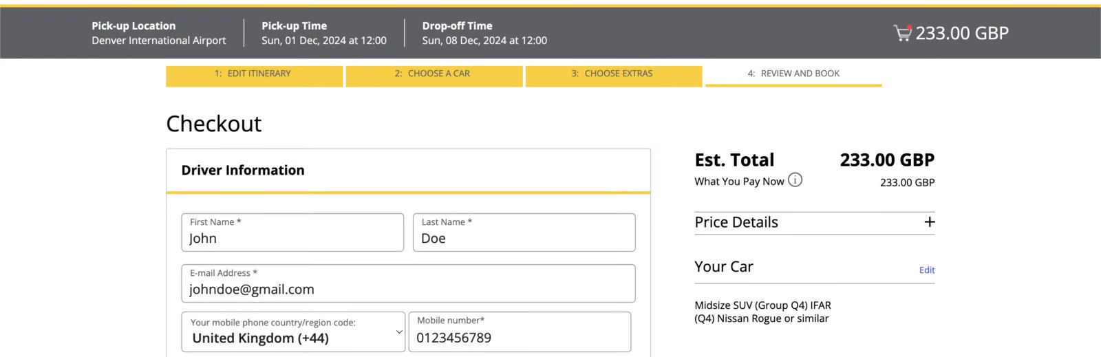 Book and confirm car rental