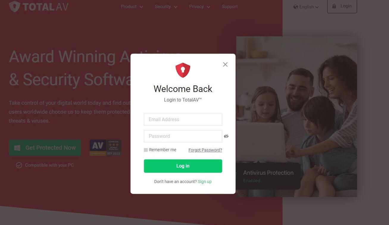 Log in to TotalAV account