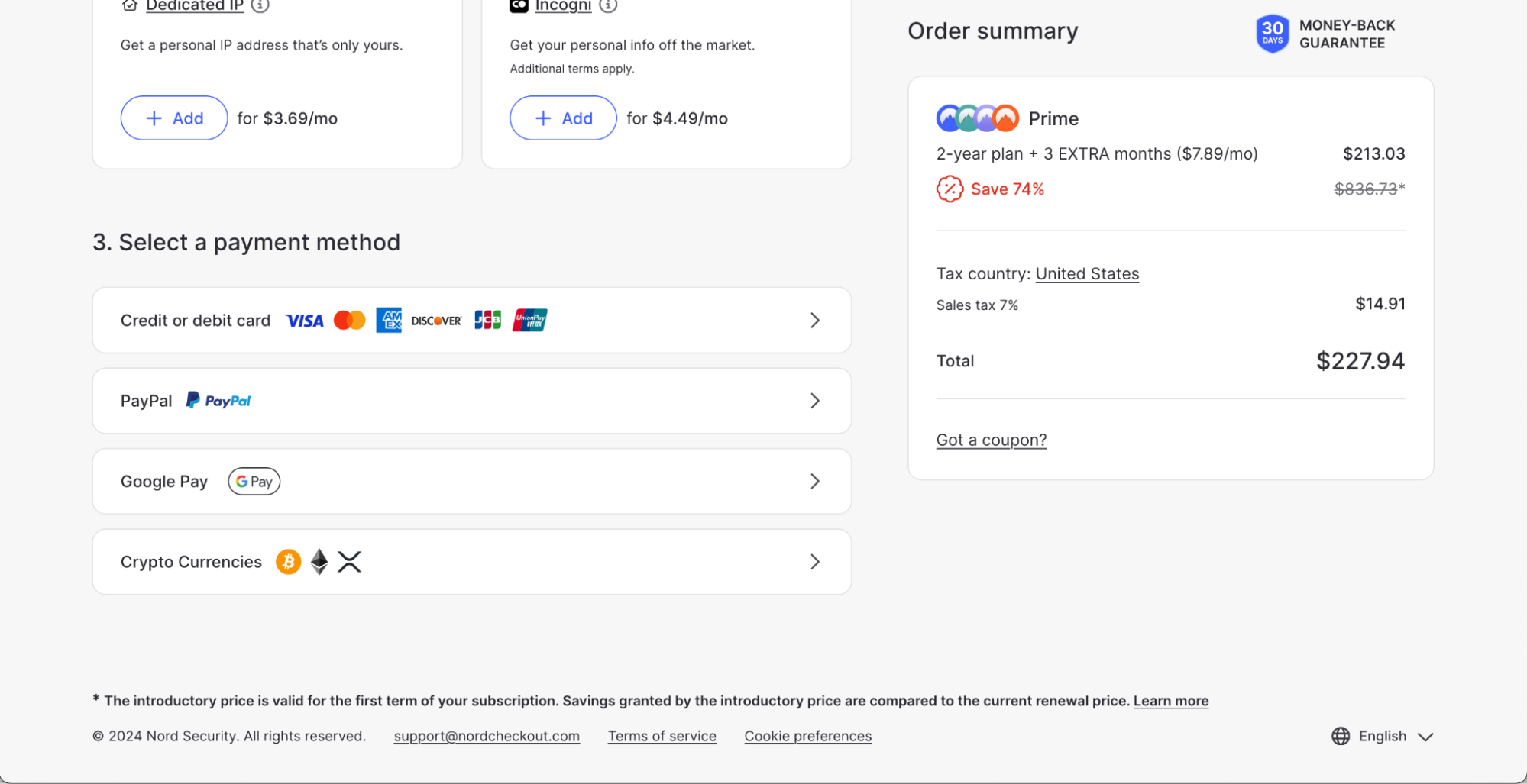 Select your payment method NordVPN