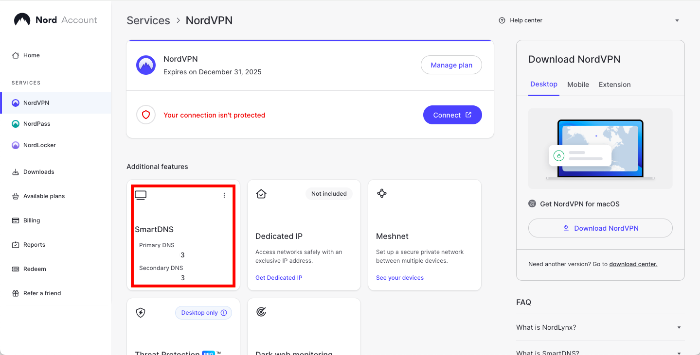 Select SmartDNS on your NordVPN dashboard