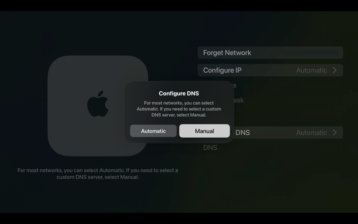 Apple TV manual DNS configuration