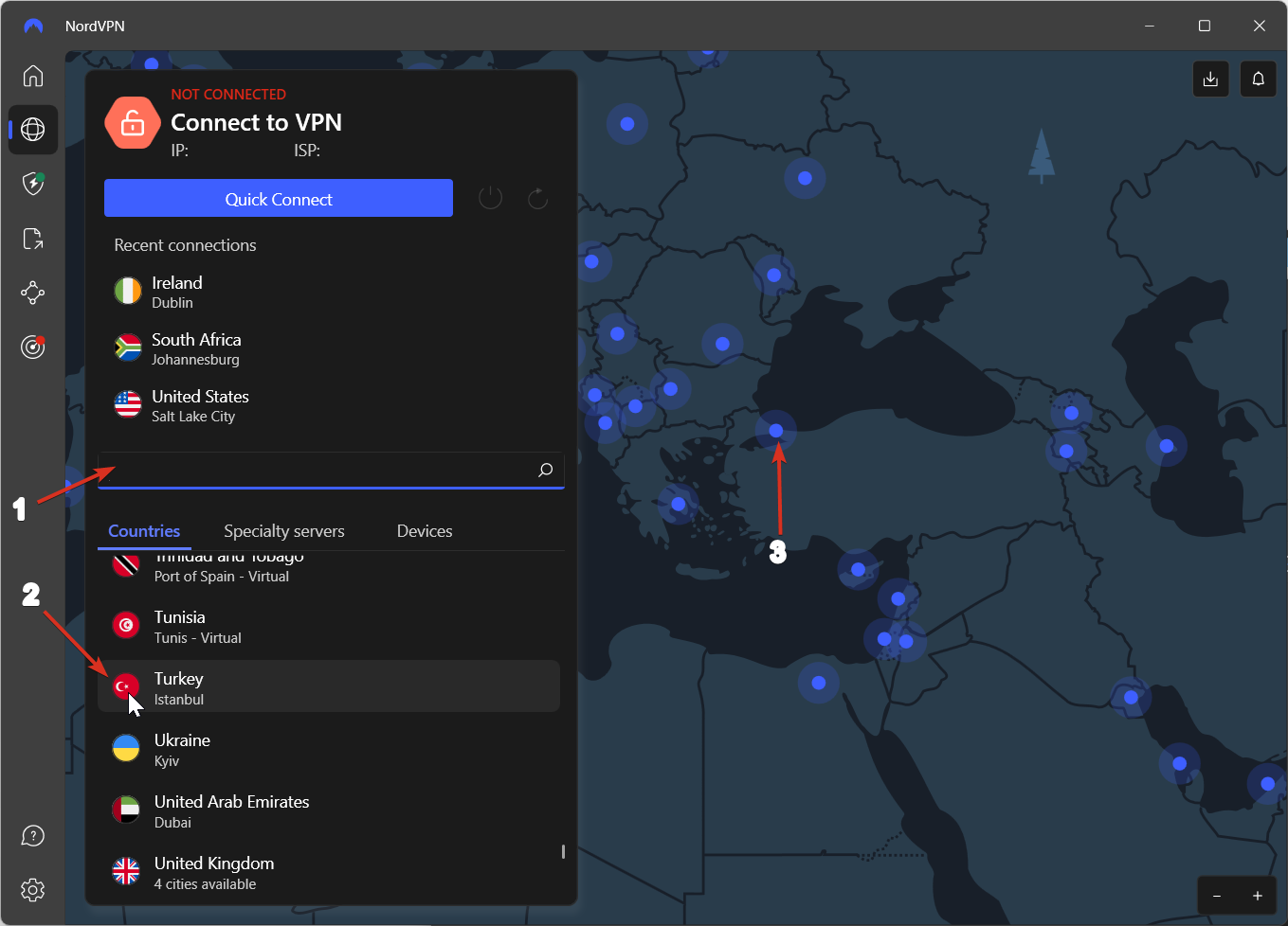Connect to a server in Turkey using NordVPN