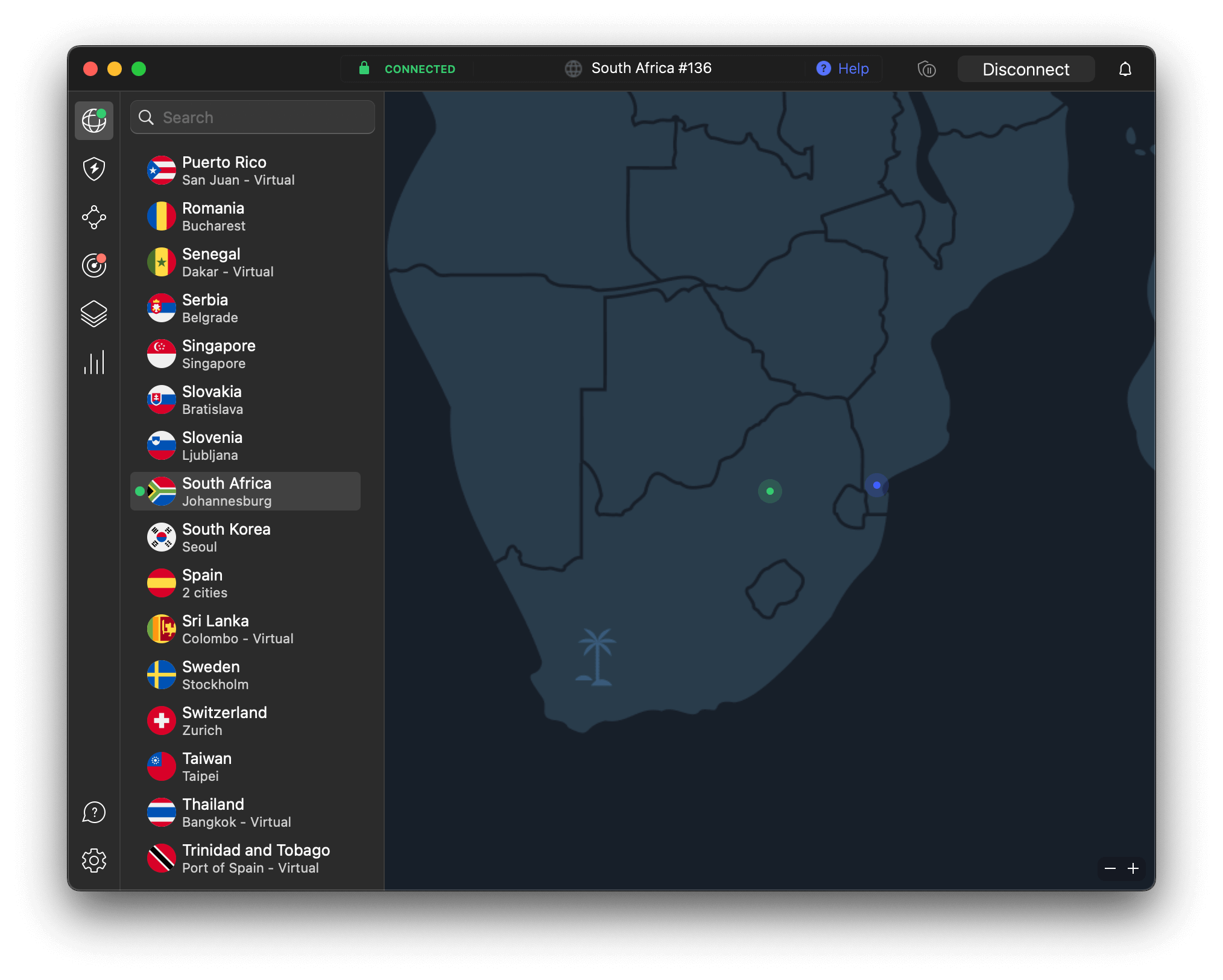 NordVPN connected to South African server
