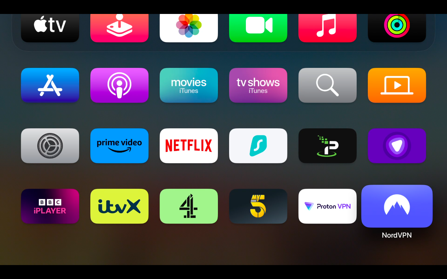 Locating NordVPN app on Apple TV menu