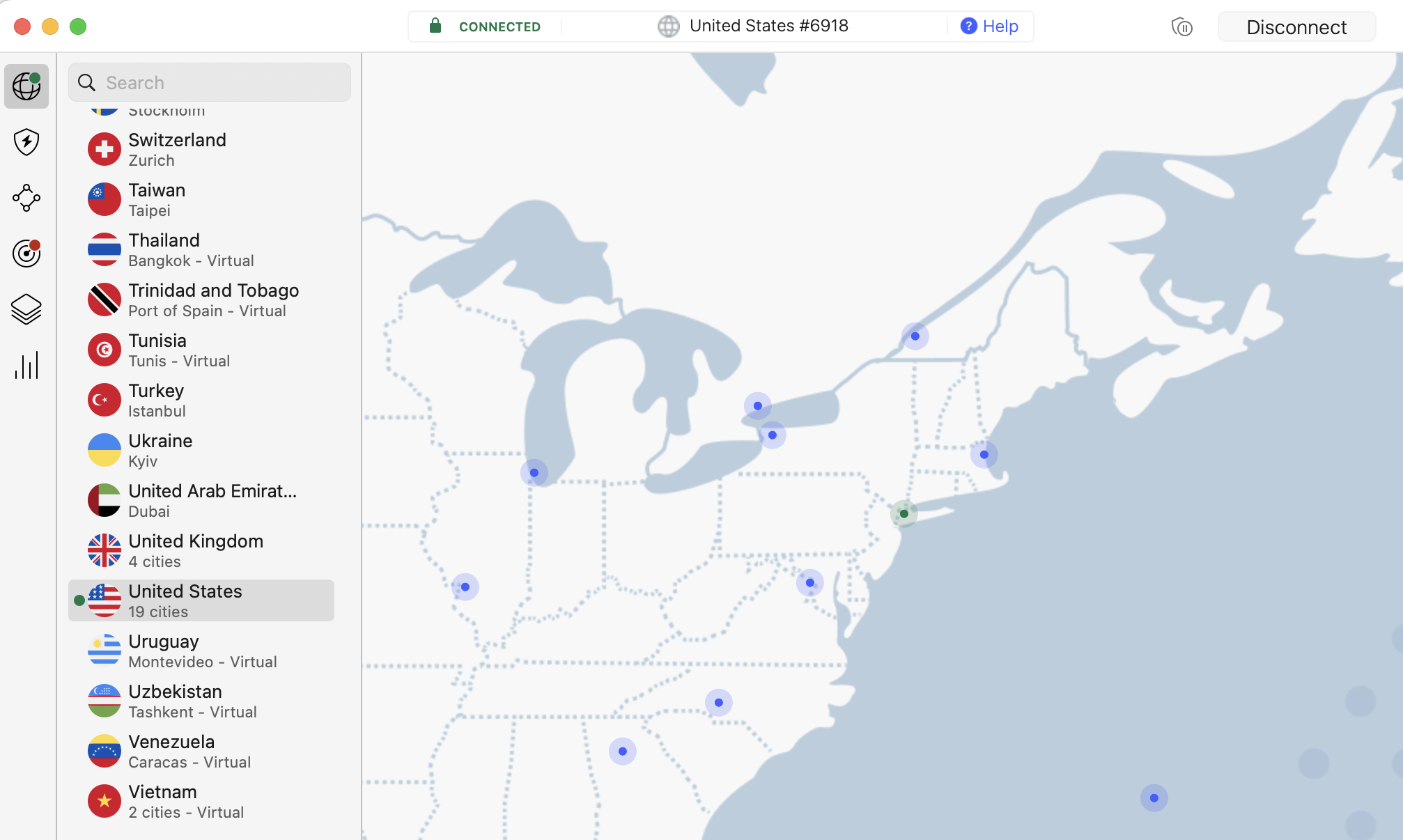 NordVPN connected to the US on macOS