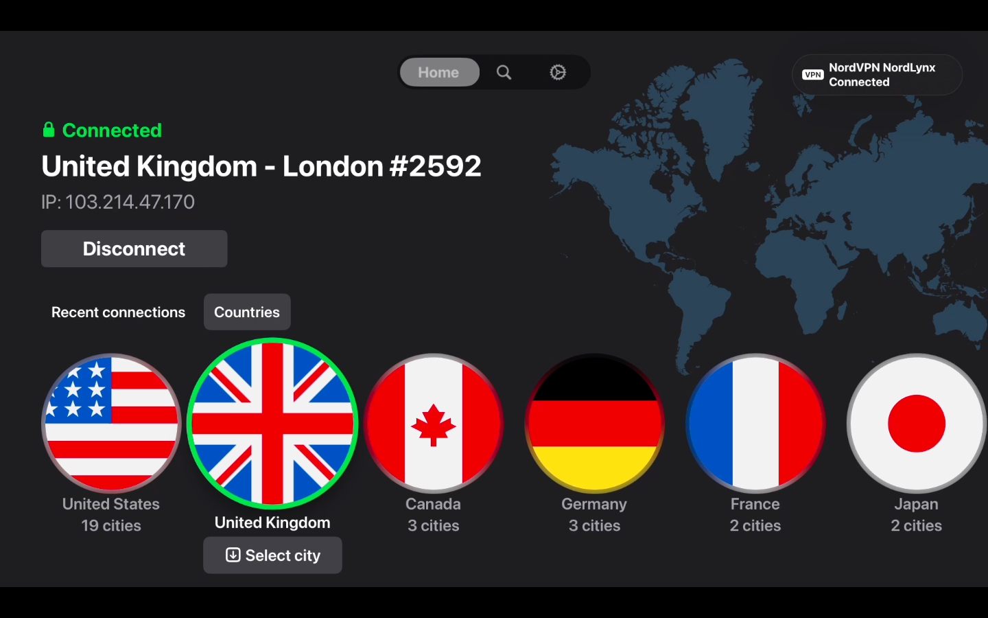 NordVPN app connecting to a UK server