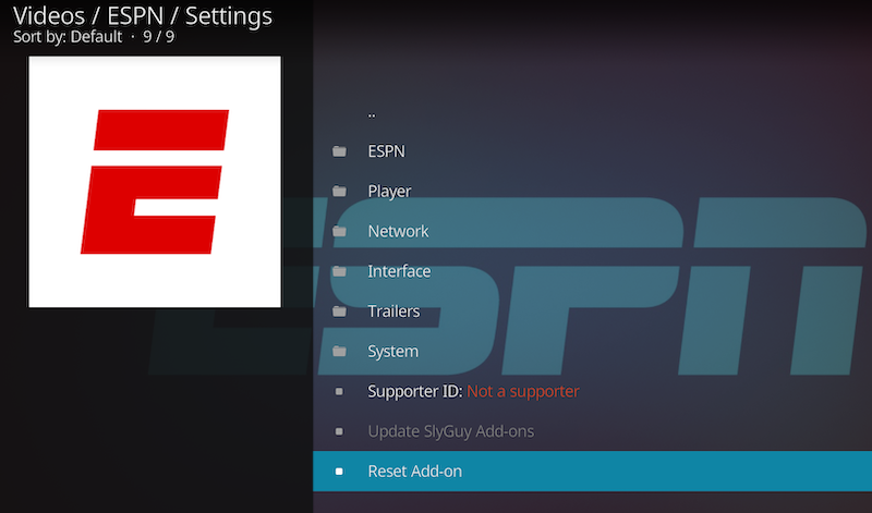 Kodi ESPN reset add-on option