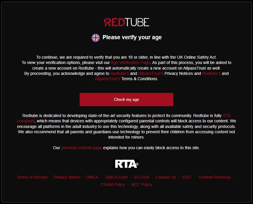 RedTube porn site age verification in the UK notification