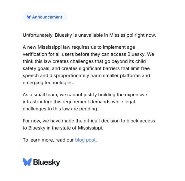 Users are met with an error message when accessing Bluesky from Mississippi