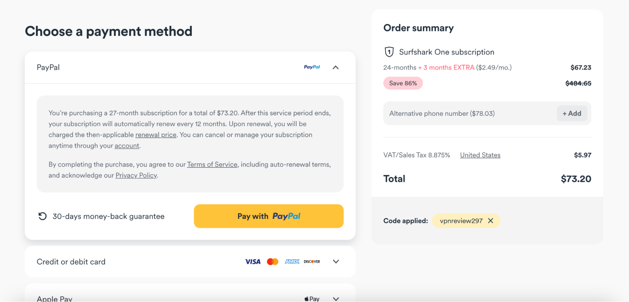 Choose payment method Surfshark