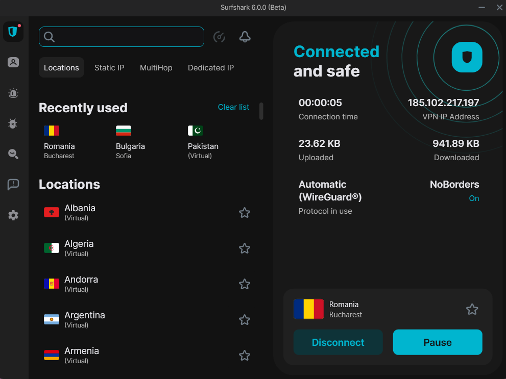 Surfshark connected to a server in Bucharest, Romania