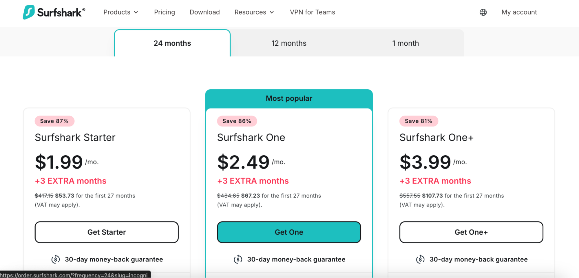 Surfshark pricing page