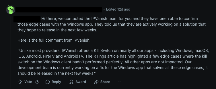 IPVanish Reddit review