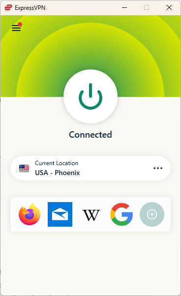 ExpressVPN connected to a server in Phoneix, Arizona