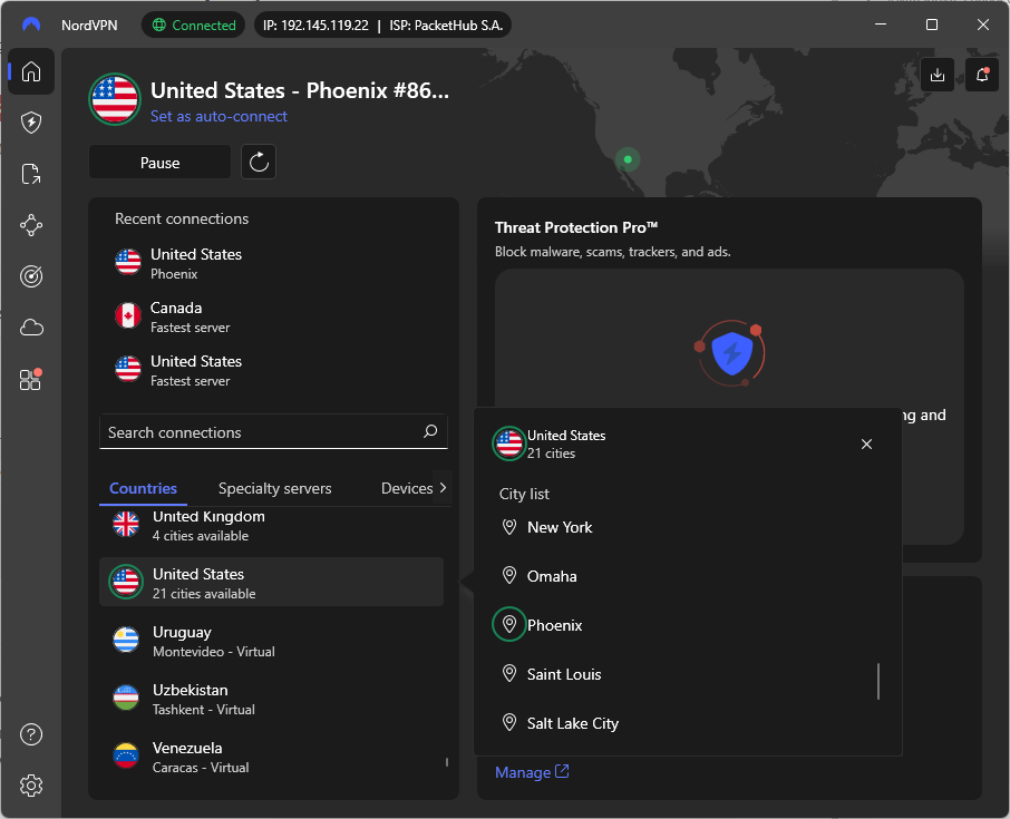 NordVPN connected to a server in Phoenix, Arizona