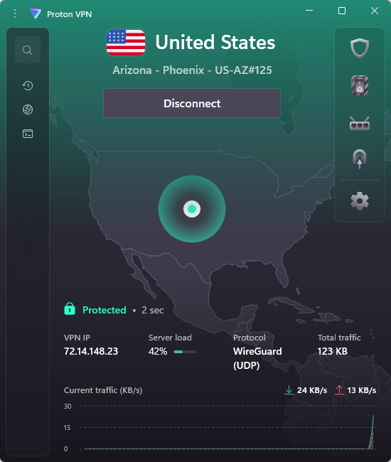 Proton VPN connected to a server in Phoenix, Arizona