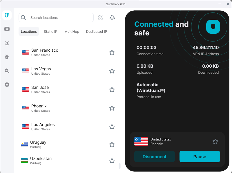 Surfshark connected to a server in Phoenix, Arizona