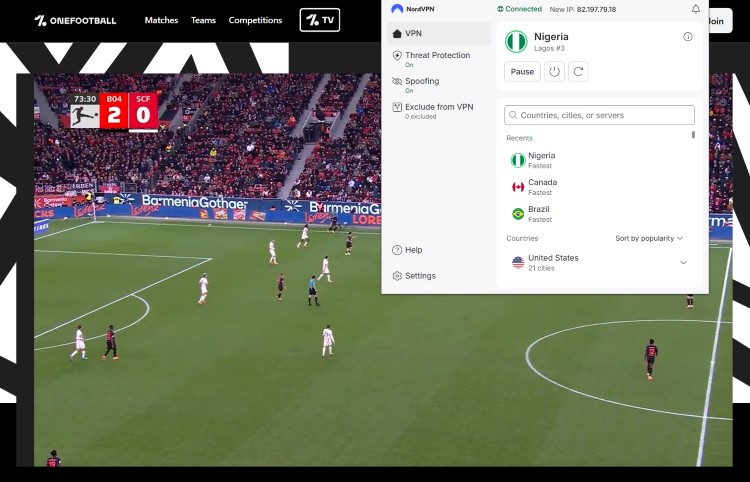 Bundesliga Teams, Leverkusen vs. Freiburg, Screenshot Onefootball, VPN im Vordergrund