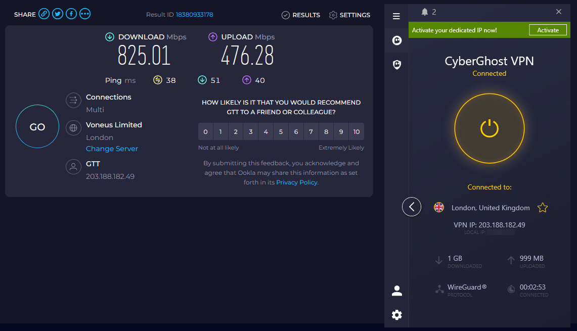 Speed test of CyberGhost VPN while connected to the London server