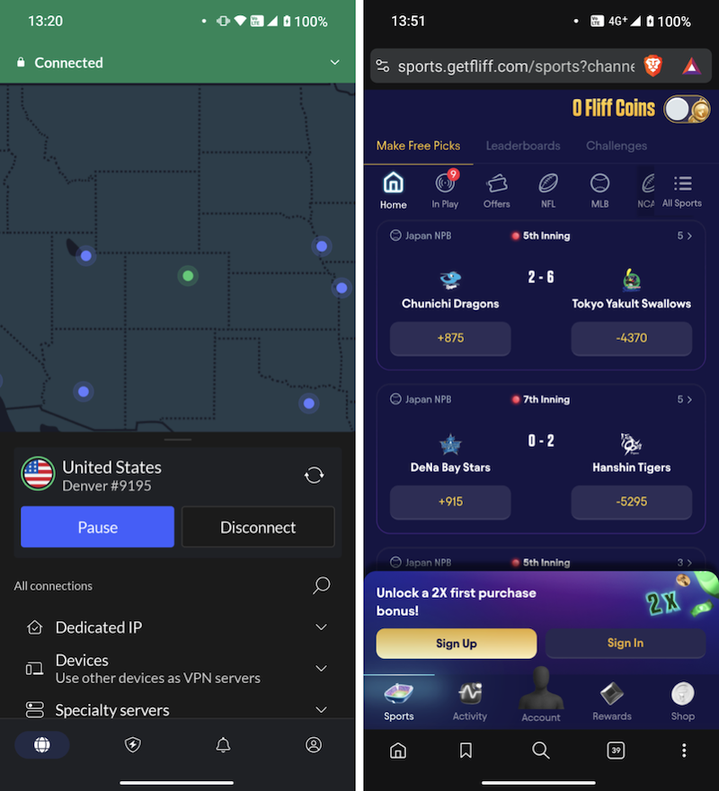 NordVPN unblocked Fliff from a restricted US state