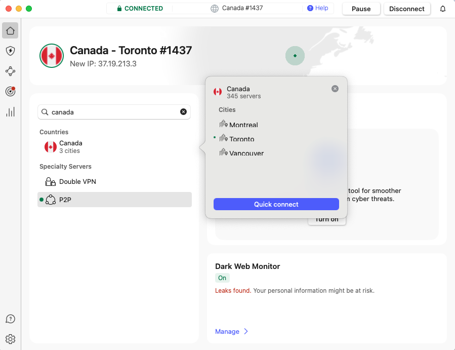 NordVPN connected to Canada