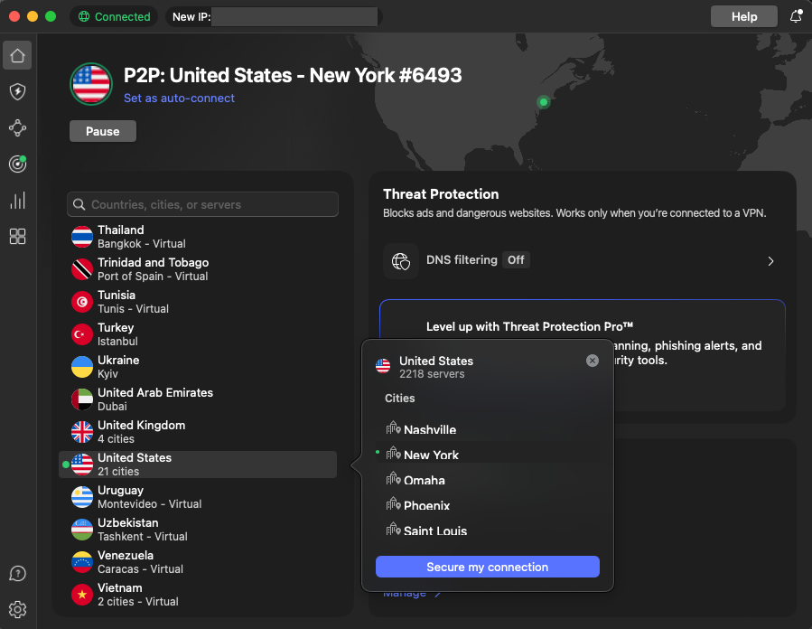 NordVPN connected to the US