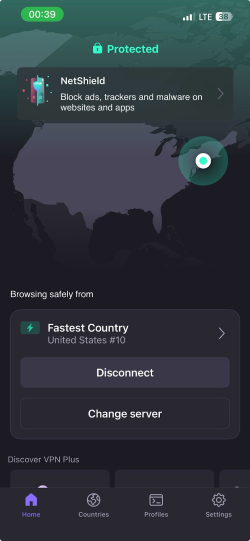 Proton VPN connected to a free US server