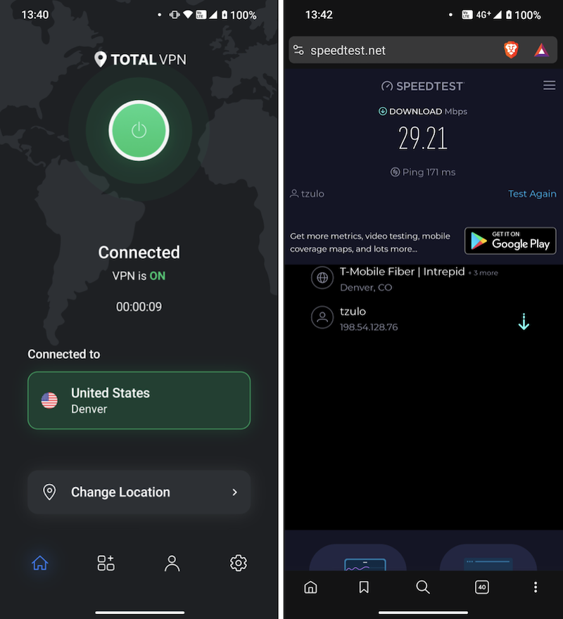 TotalVPN connected to a US server with speed test result