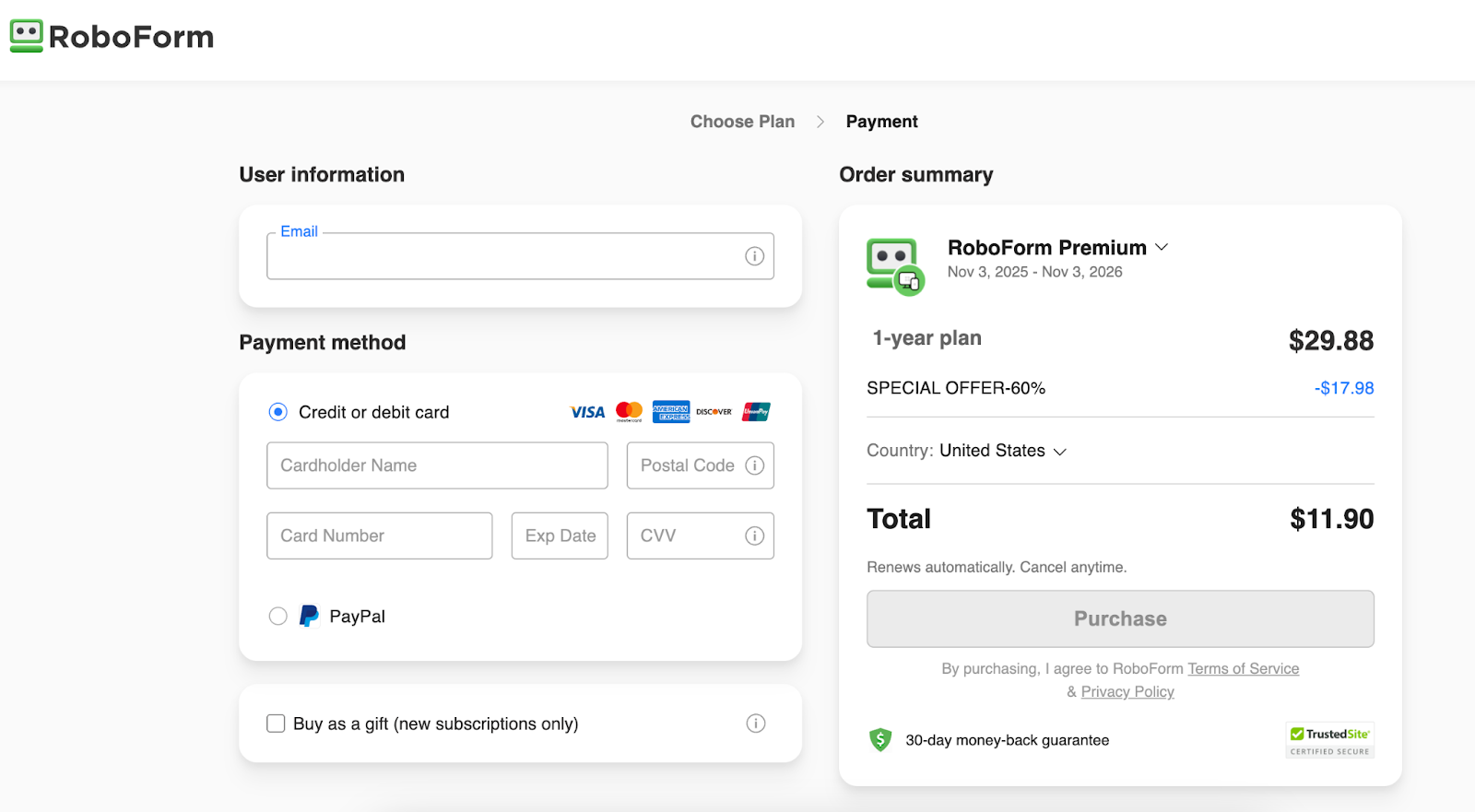 Select a RoboForm plan and complete the purchase