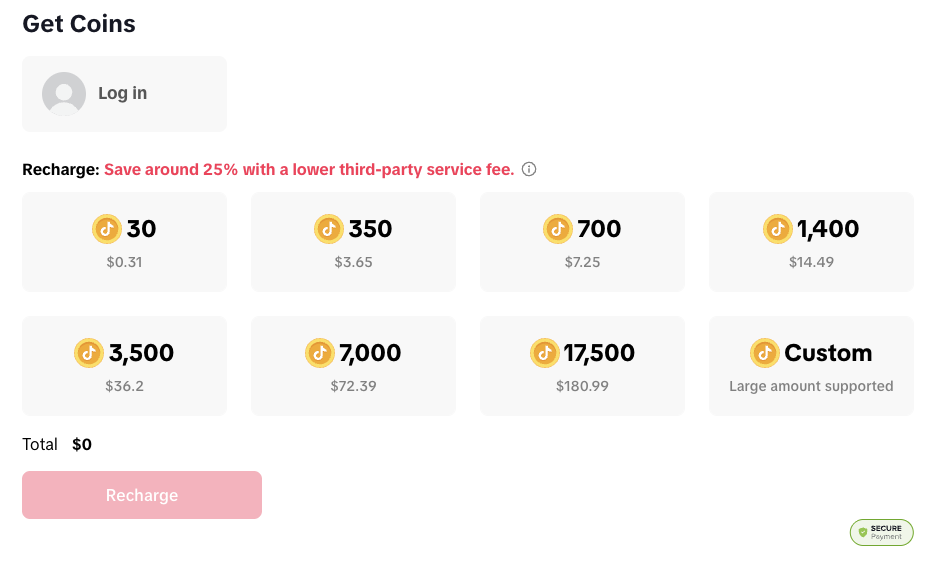 TikTok coin price in US