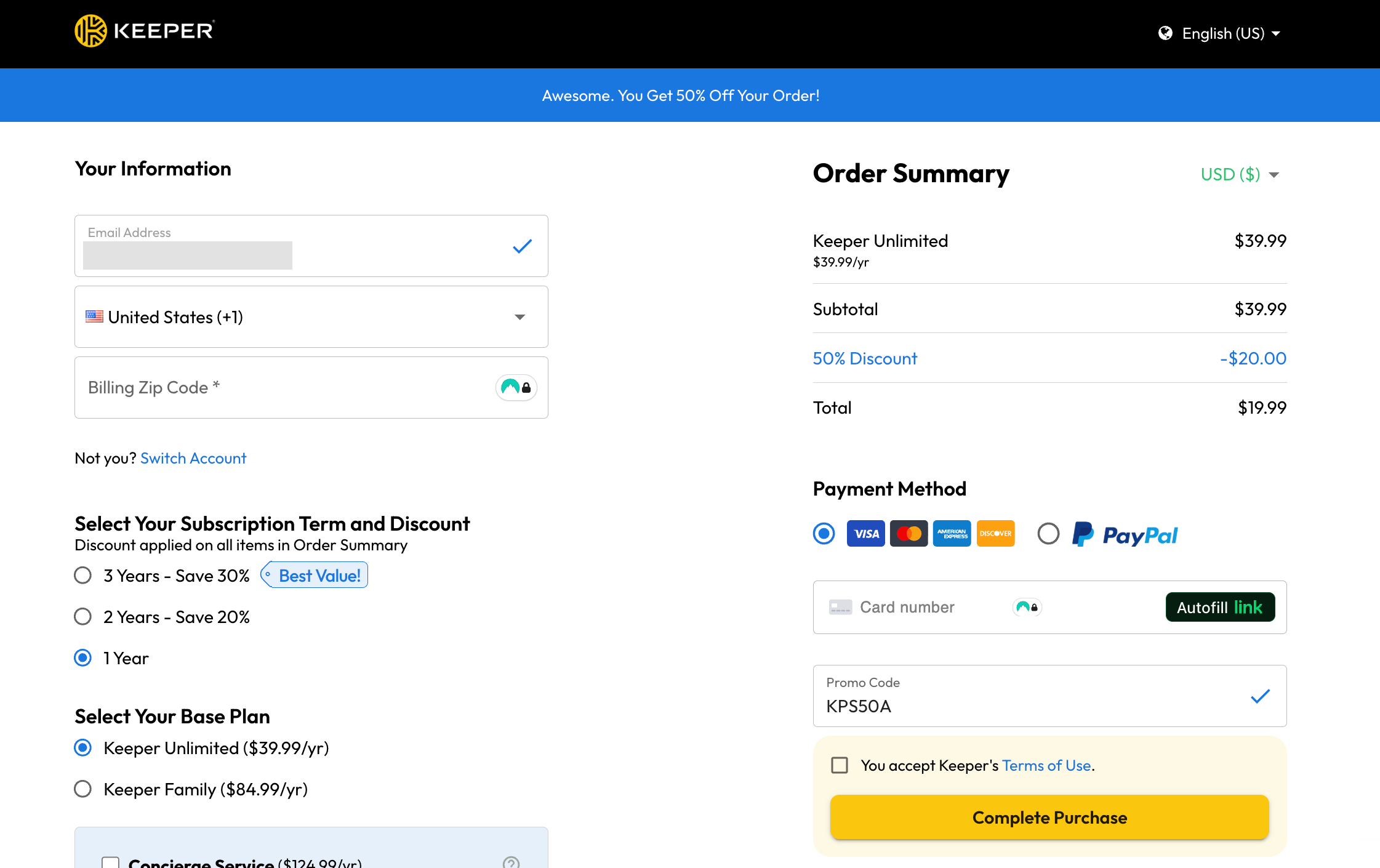 keeper Cyber Monday checkout page