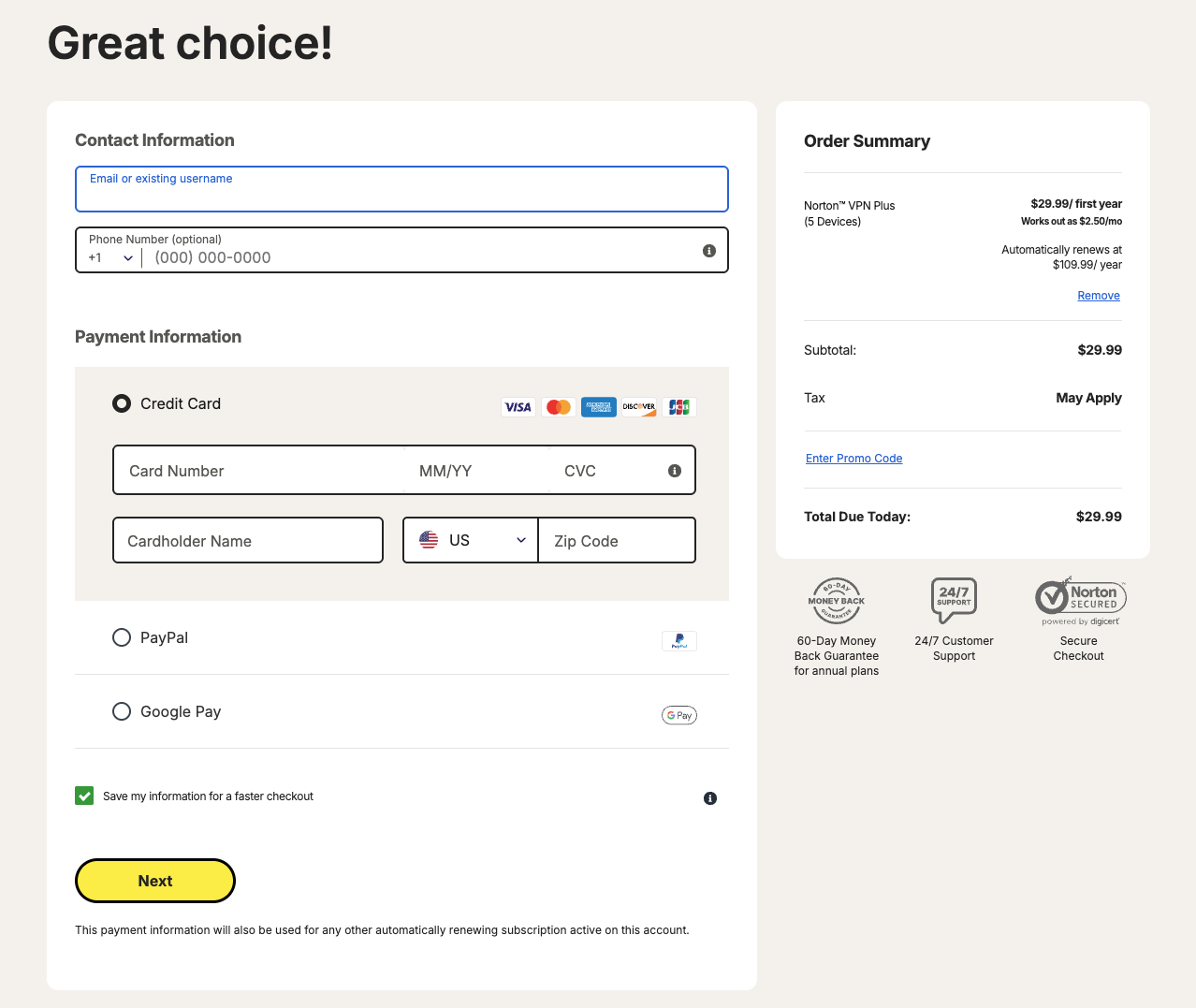 Norton VPN checkout page