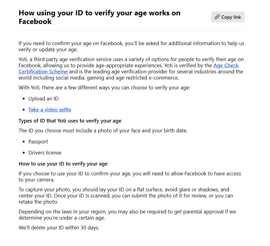 Facebook age verification Australia