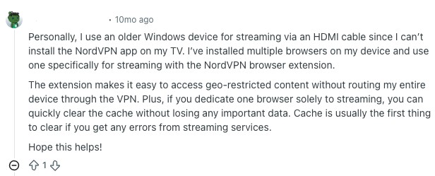 Reddit user's review about NordVPN's streaming capabilities