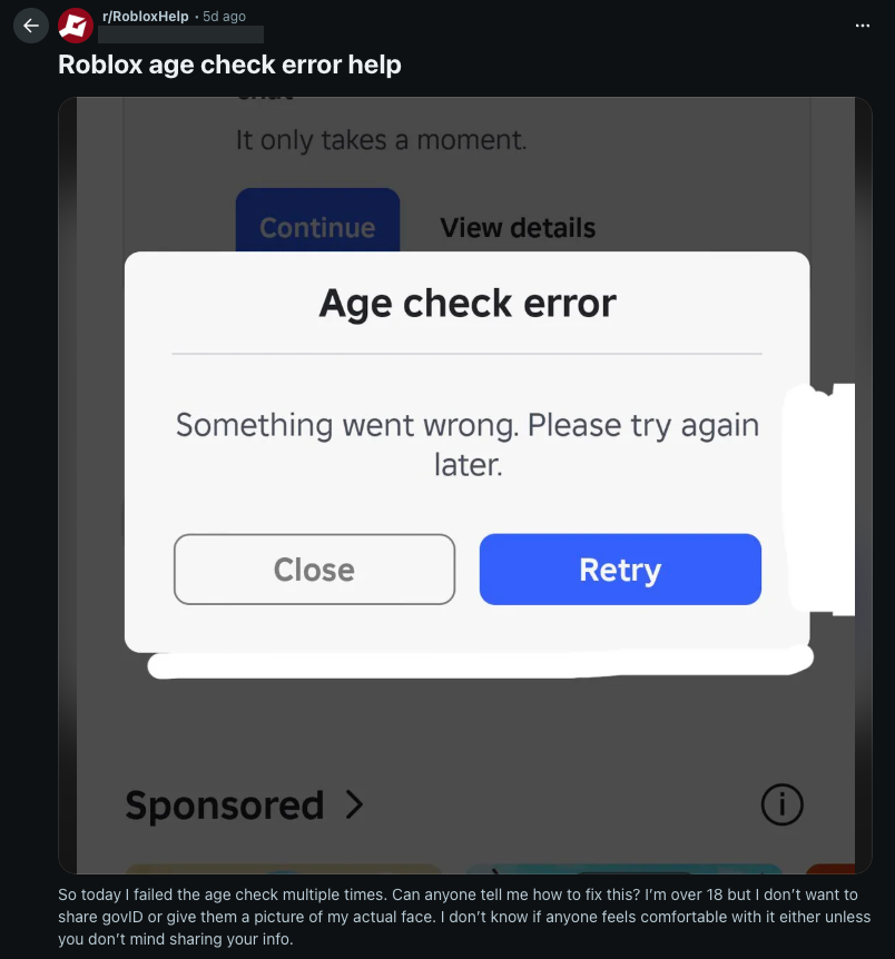 r/RobloxHelp post on age verification not working