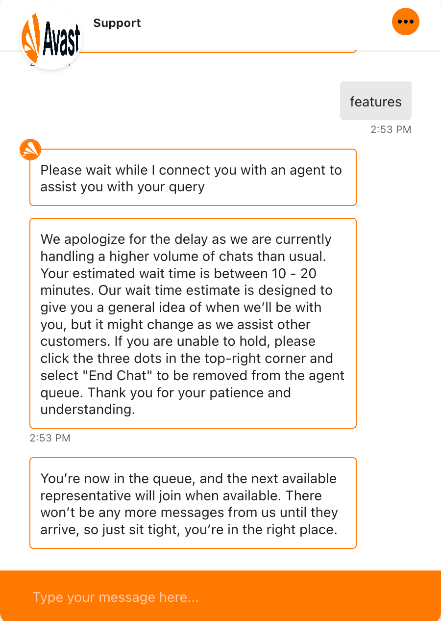 Avast's customer support chat