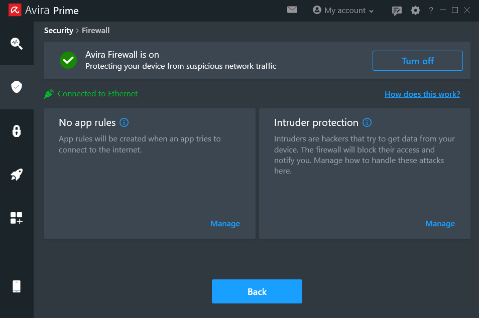 Click Turn off or Turn On to enable or disable the Avira Firewall