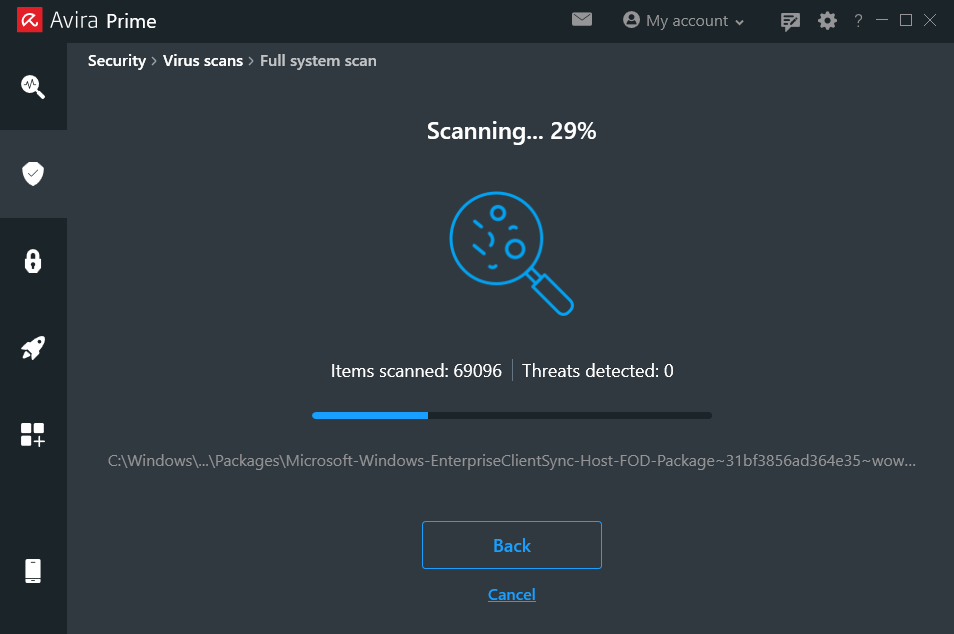 Avira antivirus is performing a system scan on Windows 11 to detect viruses and malware