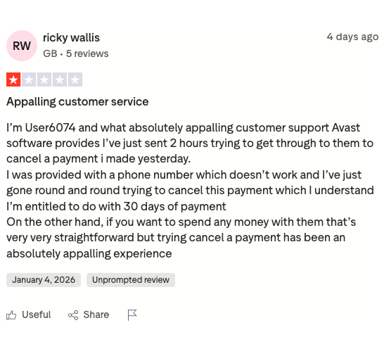 User complains about Avast customer service