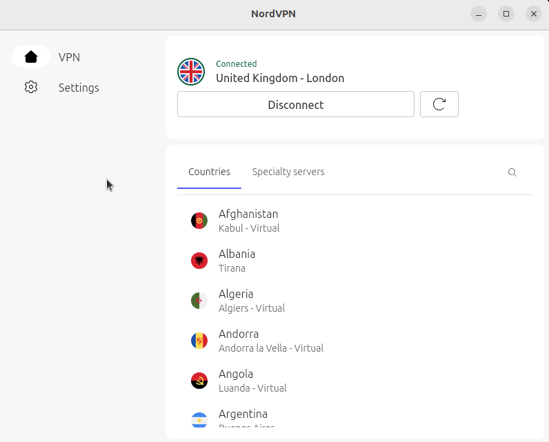 NordVPN Linux app interface