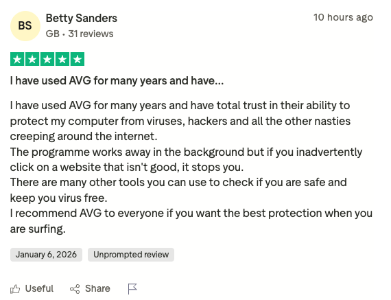 A negative AVG review on Trustpilot