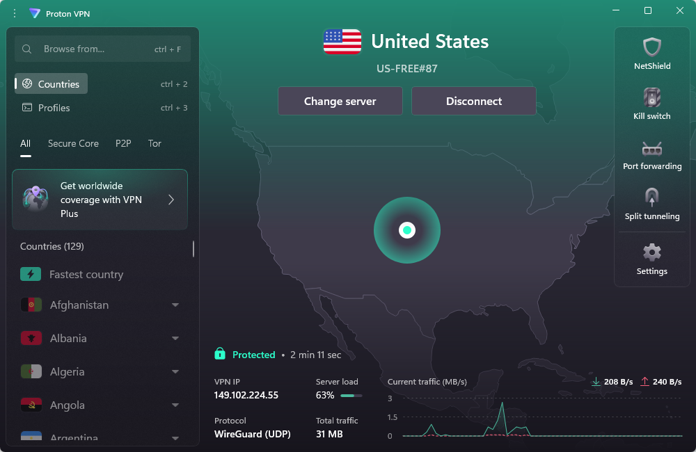 Connecting to Proton free VPN servers