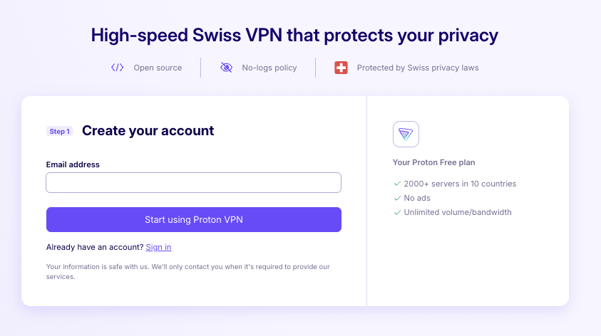 Creating Proton free vPN account