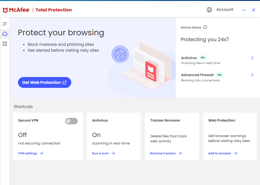 McAfee antivirus software dashboard