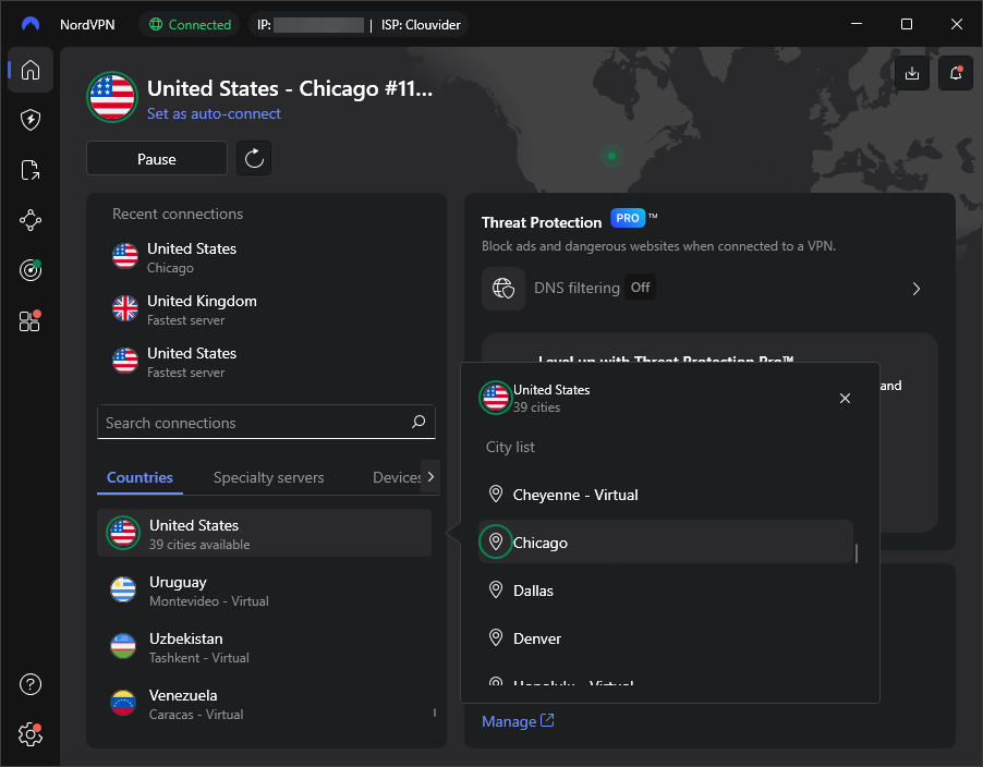 Connected to Illinois, US via NordVPN