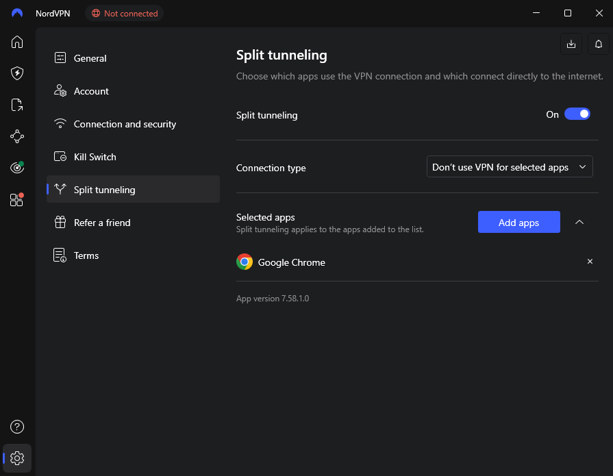 NordVPN split tunneling settings menu