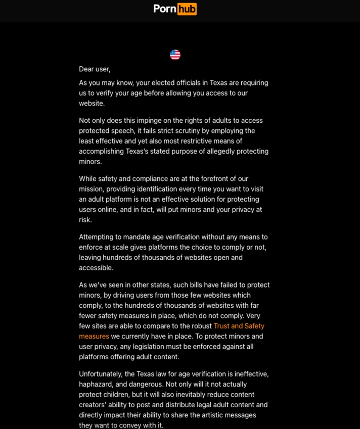 PornHub's message to users in Texas