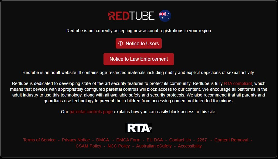 RedTube's message indicating that the website is blocked in Australia due to new legislation