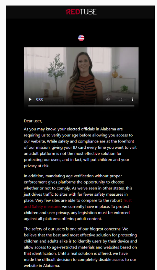 RedTube is blocked because of Alabama porn law