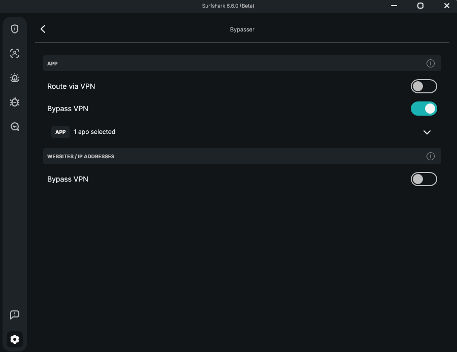 Surfshark Bypasser split tunneling settings